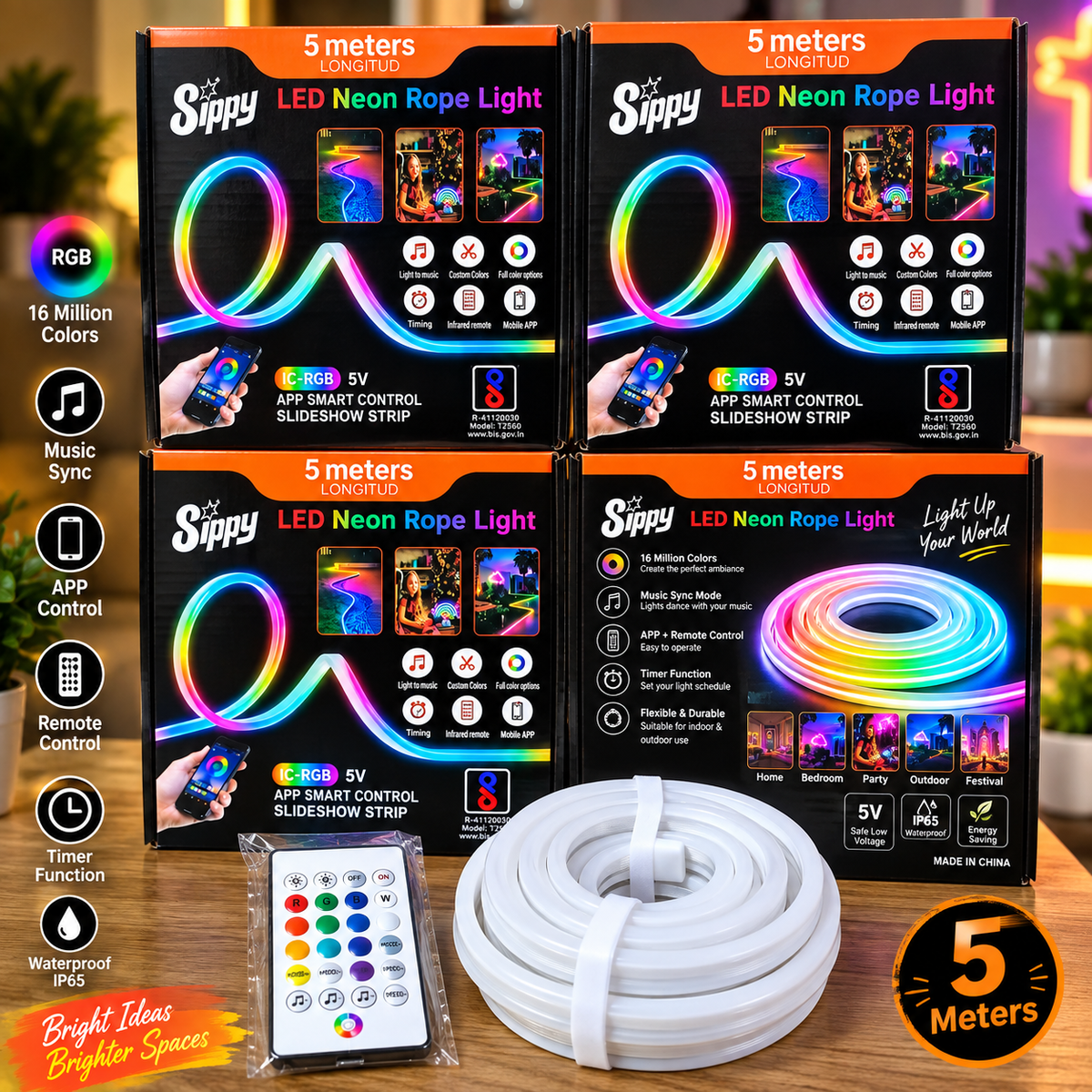 LED Neon Rope Light 5 Meter RGB – Complete Kit with Remote Control