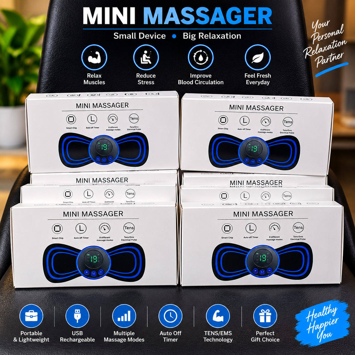 Mini Massager TENSEMS Electric Muscle Stimulator with 8 Massage Modes, Smart Chip & Auto-Off Timer