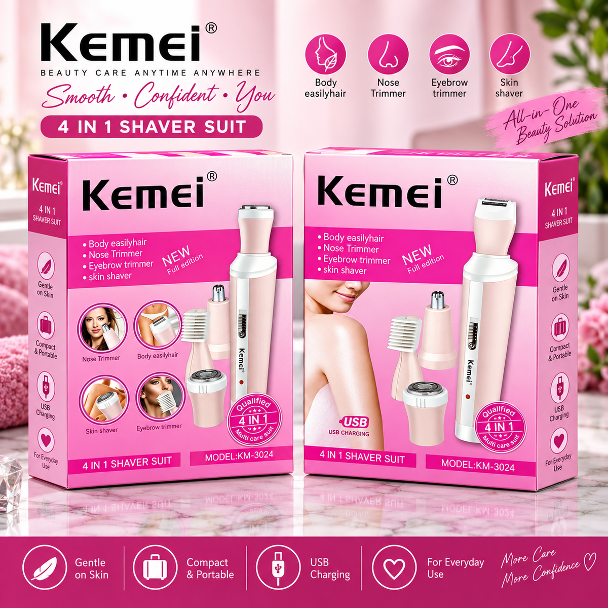 Kemei 4 In 1 Rechargeable Women's Grooming & Hair Removal Trimmer Kit with USB Charging