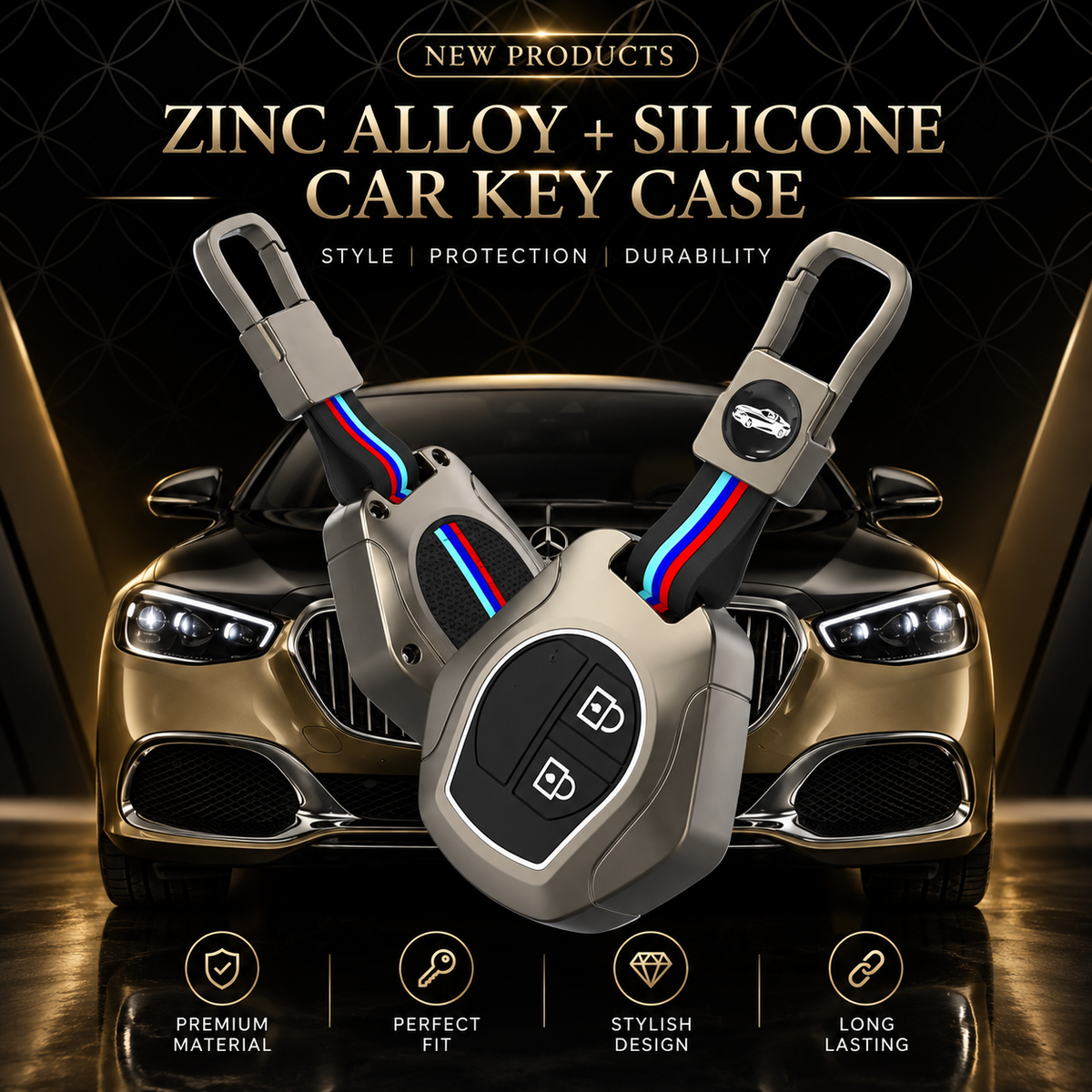 Zinc Alloy + Silicone Car Key Case | Premium Protective Key Cover with Keychain Ring