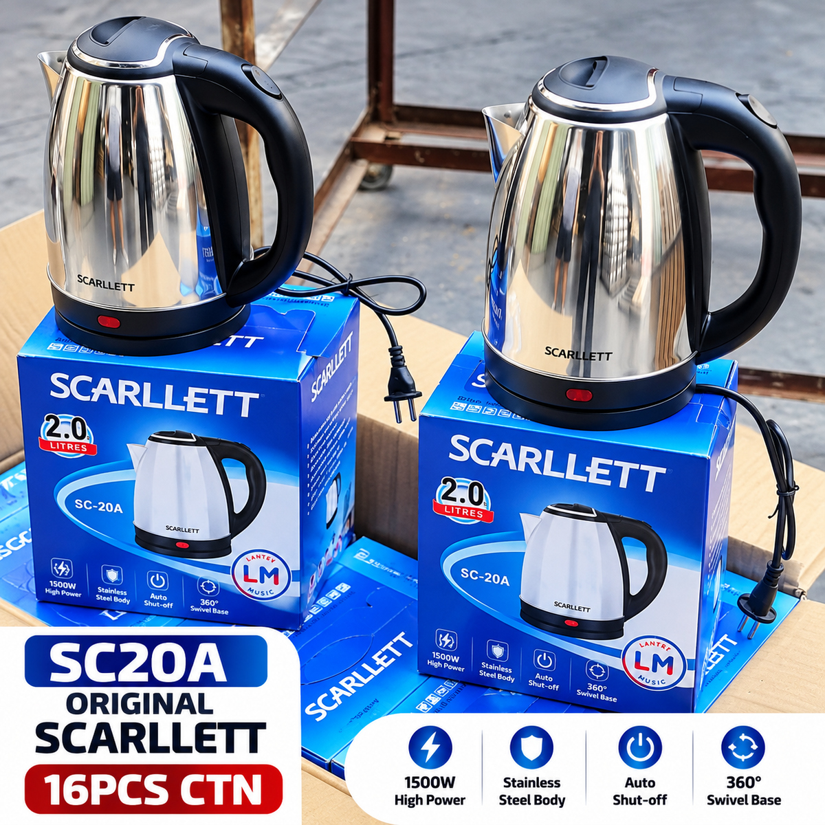 SCARLETT SC20A 2.0L Electric Kettle – Stainless Steel, 1500W, Auto Shut-Off & 360° Swivel Base
