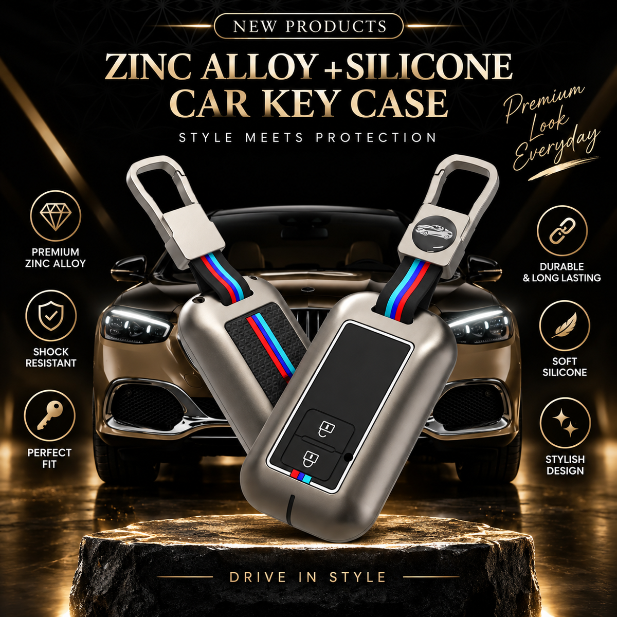 Zinc Alloy + Silicone Car Key Case – Premium Protective Cover for Car Keys