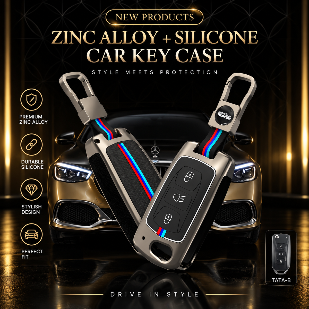 Zinc Alloy + Silicone Car Key Case for Tata-B Key | Premium Protective Key Cover with Carabiner